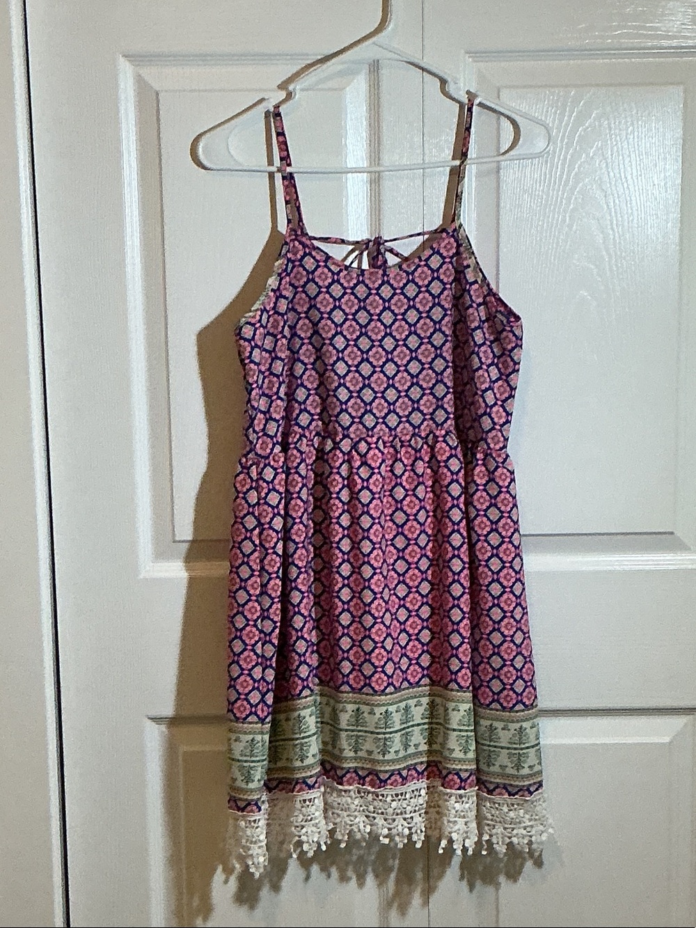 Women’s Pink Printed Summer Dress with Crochet Hem, tie back